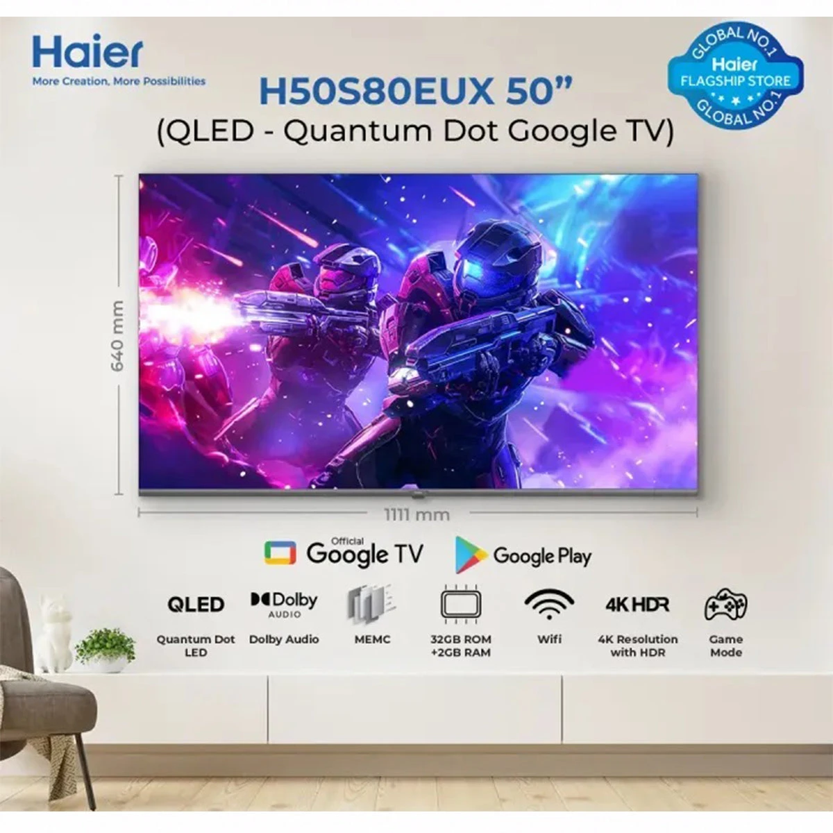 Haier S80 Series 50 Inch QLED 4K HDR Google TV (H50S80EUX) MEMC Bezel-Less Dolby Audio