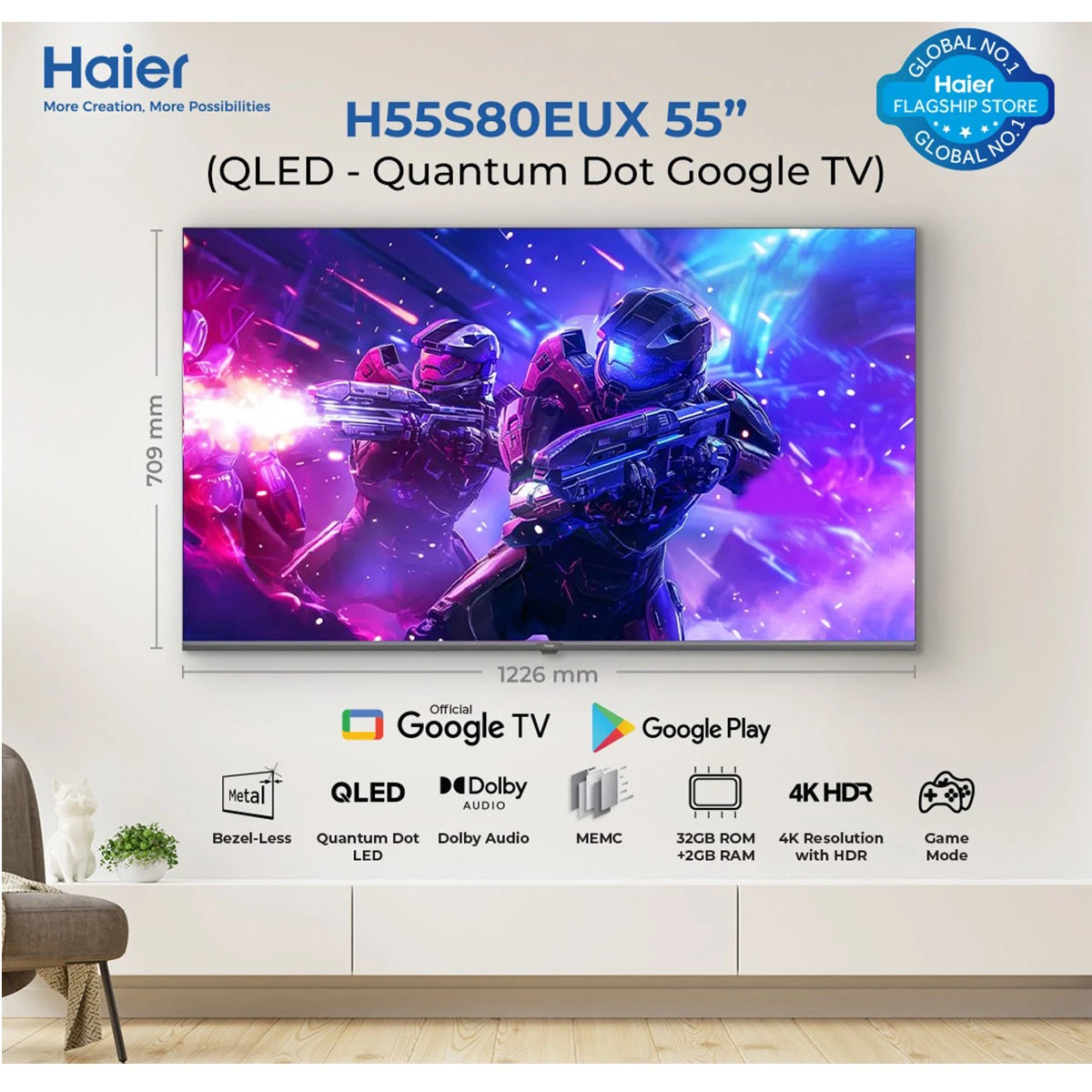 Haier QLED S80 Series 55 Inch 4K HDR Google TV H55S80EUX (Bezel-Less, MEMC, Dolby Audio)
